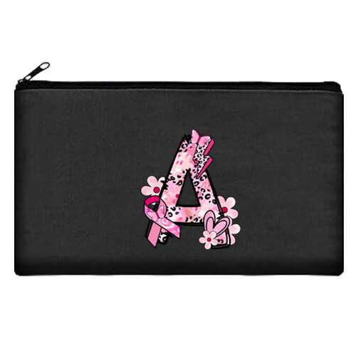 Pink Ribbon Initial Letter Make up Pouch Canvas Bag Breast Cancer Awareness 8x5 - Picture 4 of 29