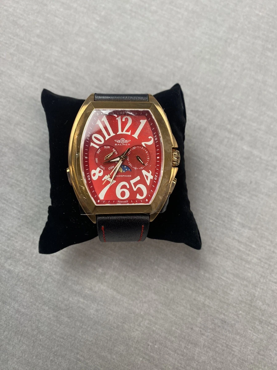 Balmer Men s Cobra Elegante 48mm Rose Gold Watch Red Face Black Leather Band