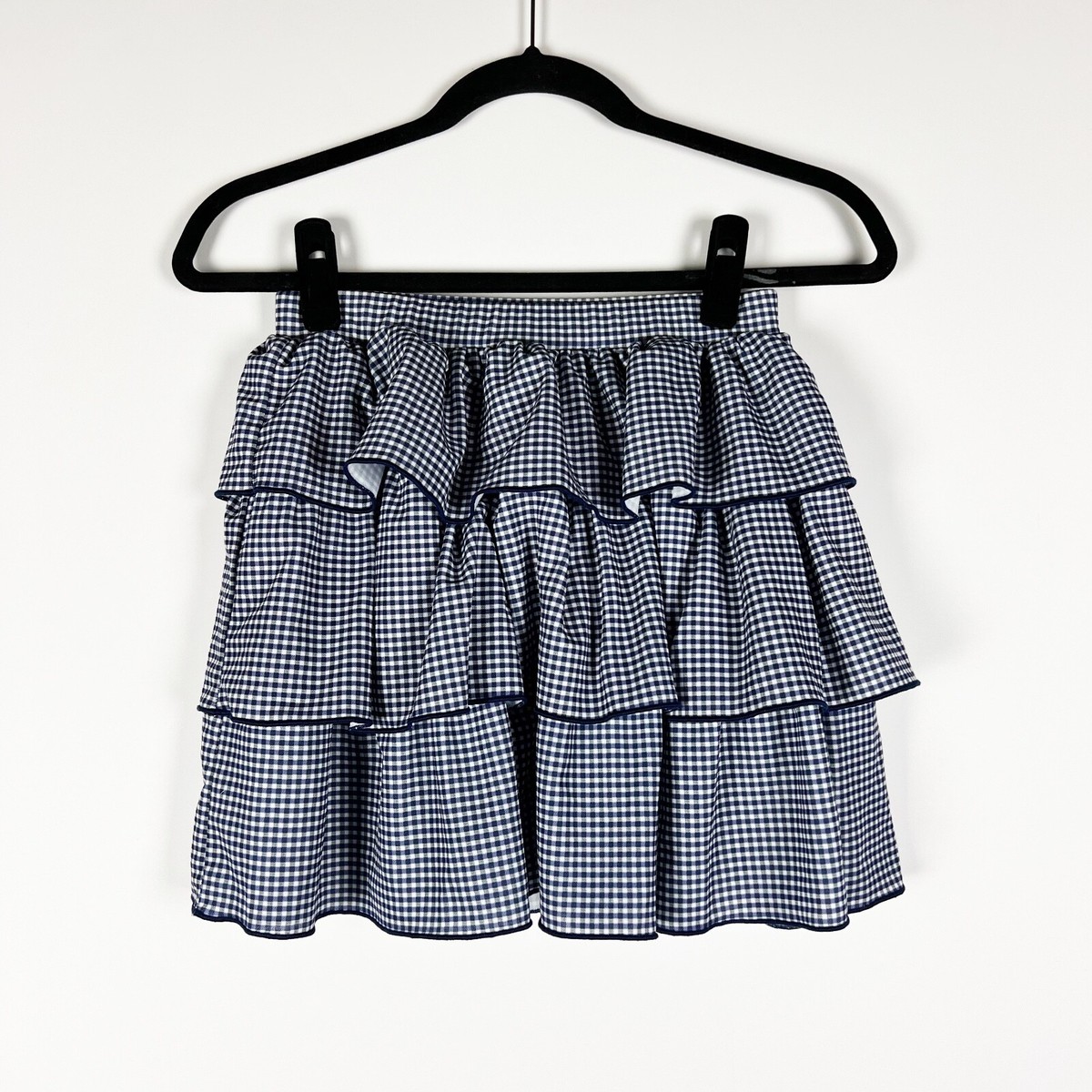 NEW Zara Blue White Micro Gingham Check Print Pattern Ruffle Tiered Mini  Skirt S