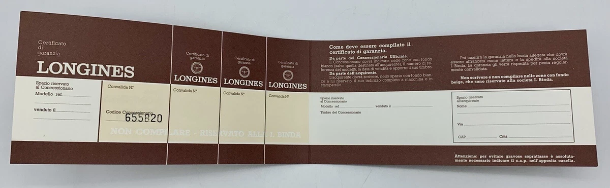 Libreto vintage sin completar certificado de garantía Longines años 80'