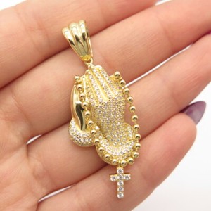 Authentic 925 Sterling Silver Gold Plated C Z Hands in Prayer Cross Pendant