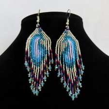 Huichol Beaded Earrings Blue Peacock Bird Eth...