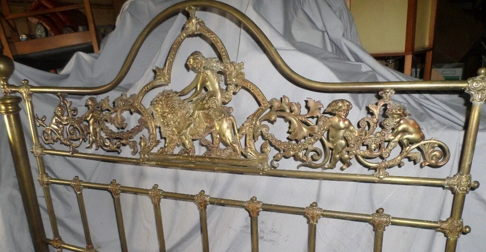 Antique Ornate Brass Bed Queen sz Cherubs Lion English COMPLETE Ship/Pickup - Image 4 of 4