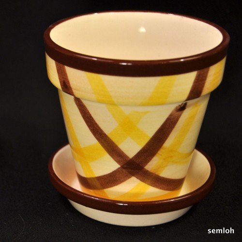 Vernon Kilns Plaid Organdie 4" Flower Pot w/Underplate Vernonware Made in USA - Picture 3 of 10