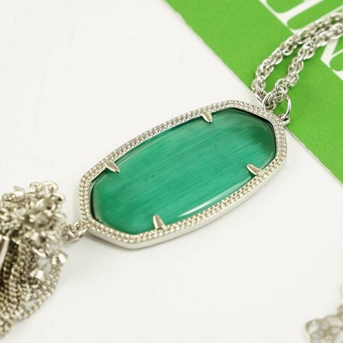 NWT Kendra Scott Rayne Simulated Cats Eye Emerald Green Pendant Necklace Silver - Picture 3 of 4