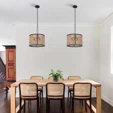 Farmhouse Rattan 4-Light Pendant Light E12 Black Chandeliers Light Fixture Retro