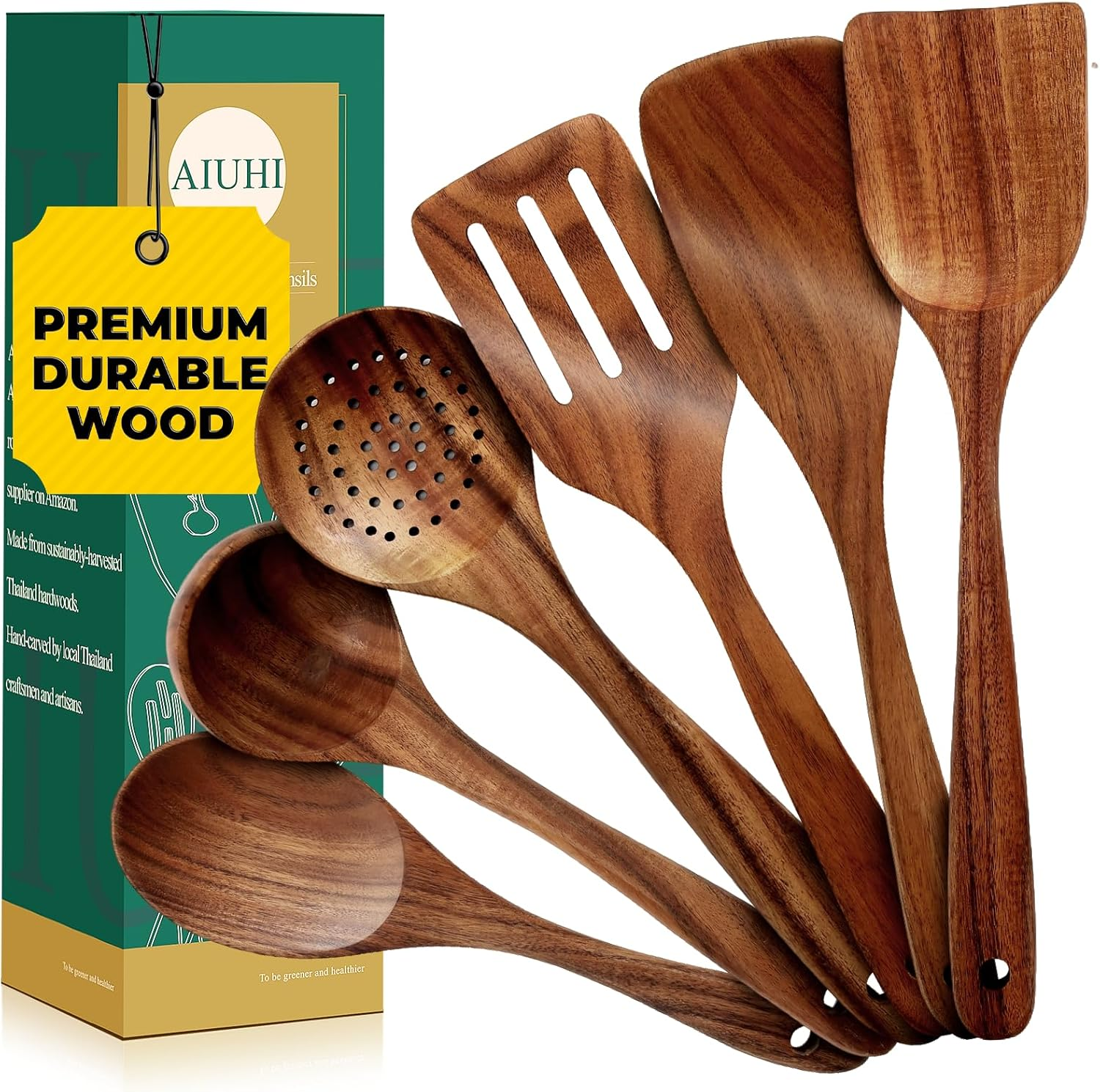 Nonstick Natural Wooden Kitchen Utensils Set, Smooth Finish Teak Wood Spoons, Co