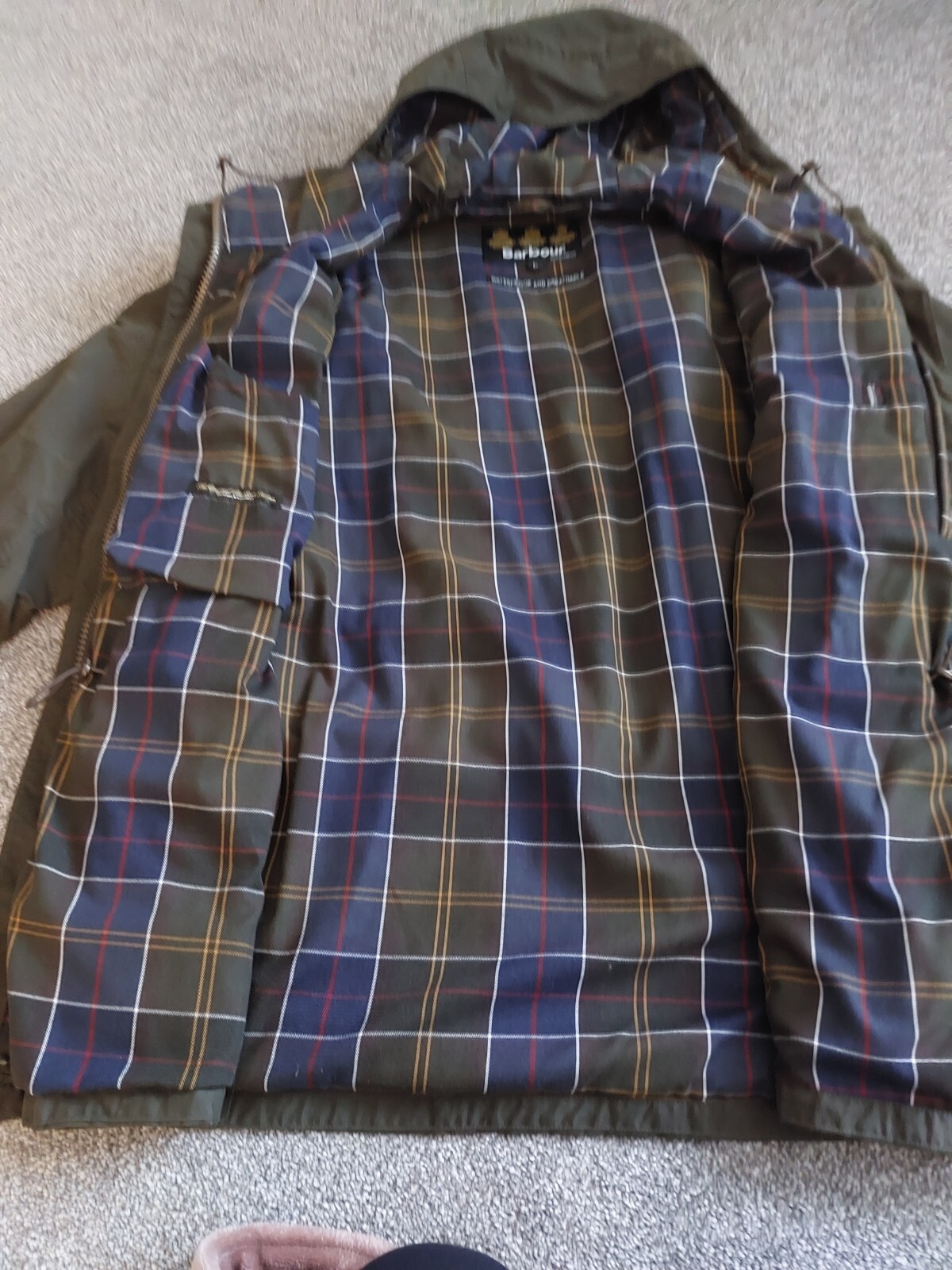 Mens Barbour Waterproof and Breathable Jacket, Khaki With Checked