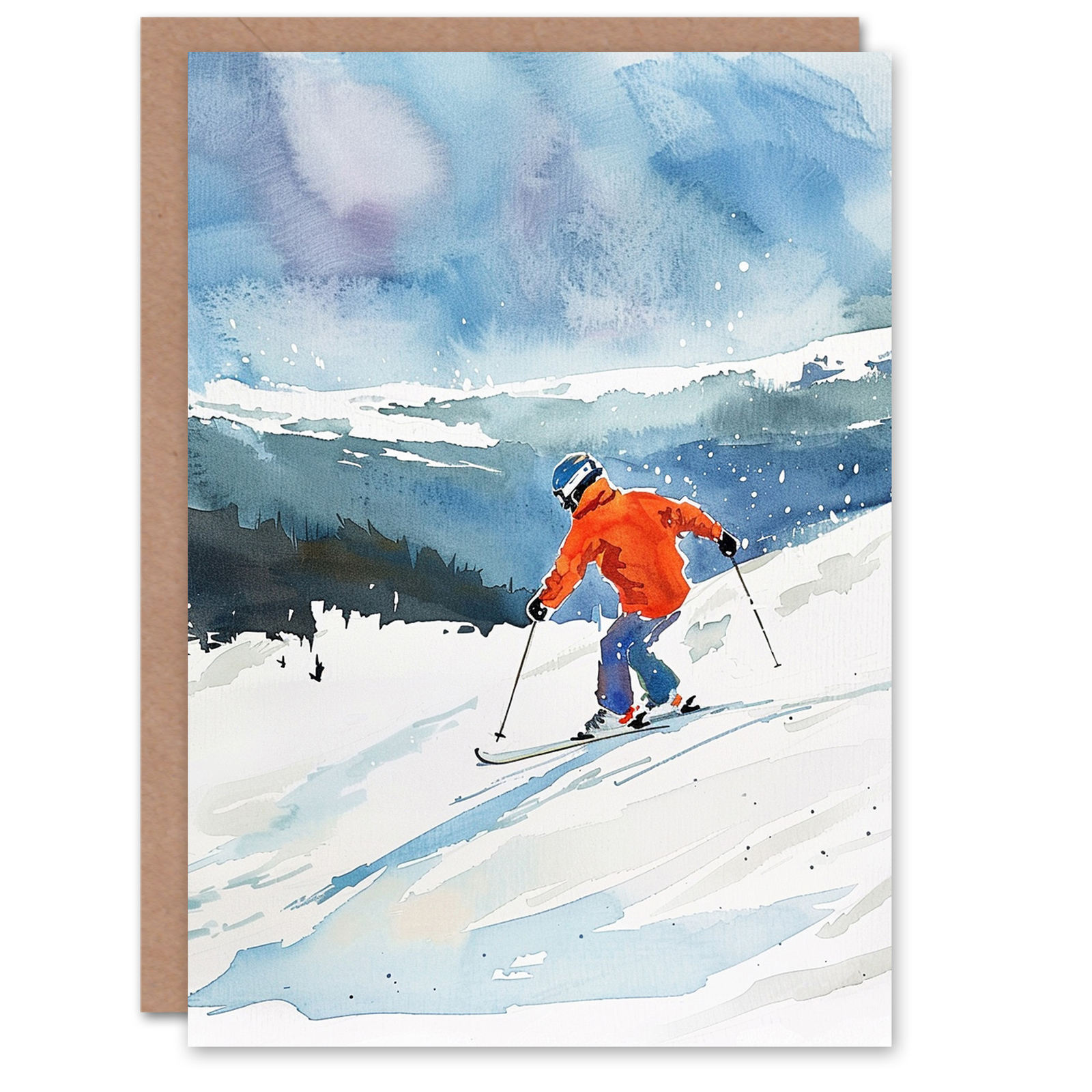 Winter Sport Snow Ski Skiing Alps Watercolour Birthday Card