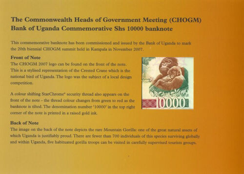 UGANDA 10000 Shillngs P-48 2007 CHOGM FOLDER EXTREMELY LOW SN UNDER UG000670 UNC - Picture 4 of 4