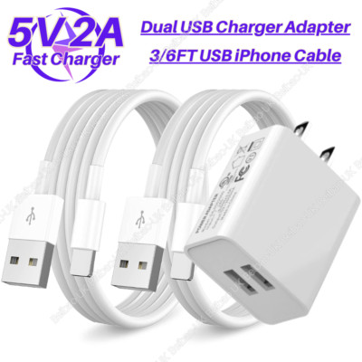 Fast Charger Dual Port USB Power Adapter Cube For iPhone 14 13 12 XR 8 7 6 Cable