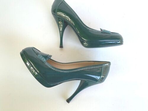 YSL Yves Saint Laurent scarpe con pompa plateau in pelle verniciata verde acqua 37 1 2 US 7 5