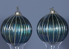2 MARK ROBERTS GREEN  NAVY IRIDESCENT RIBBED GLITTER Glass Ornaments 4.5"