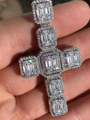 Men s Real Solid 925 Silver Mens Large Iced Baguette CZ Cross Necklace 2'' HipHop