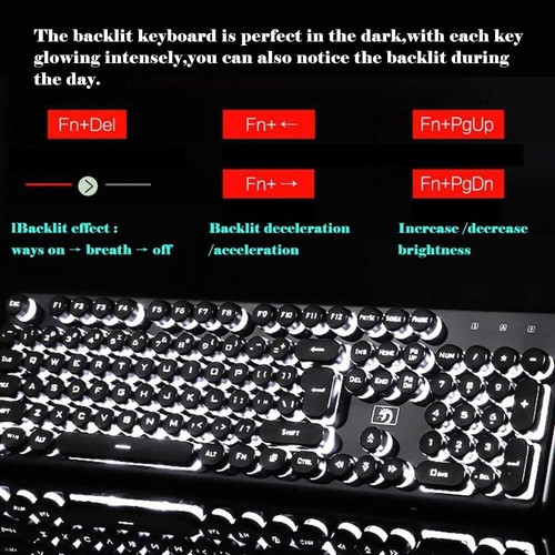 Gaming Keyboard and Mouse, 2.4G Wireless Retro Punk Typewriter-Style Backlit ... - Picture 5 of 10
