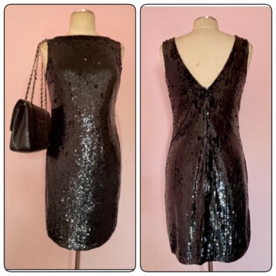 marina black sequin dress MARINA SEQUIN SLEEVE A-LINE DRESS IN BLACK Size 6