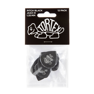 DUNLOP 482P1.35 Tortex  Pitch Black Jazz III Guitar Picks 1.35mm 12 Pack
