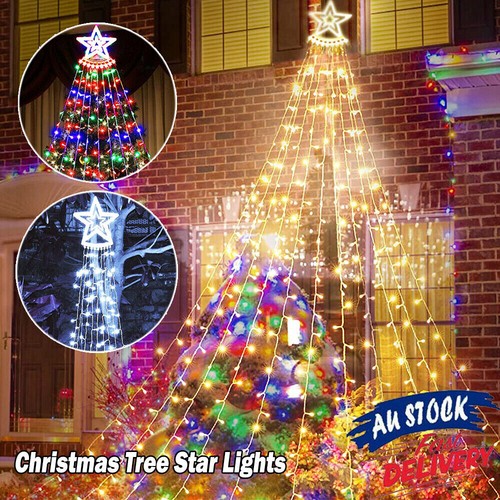 Solar LED Star Waterfall Light Christmas Tree Decor String Lights Lamp W/ Remote - Picture 3 of 15