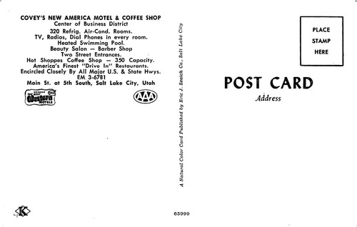 Postal Covey's New America Motel Coffee Shop Salt Lake City, UT De Colección Años 60 - Imagen 2 de 2