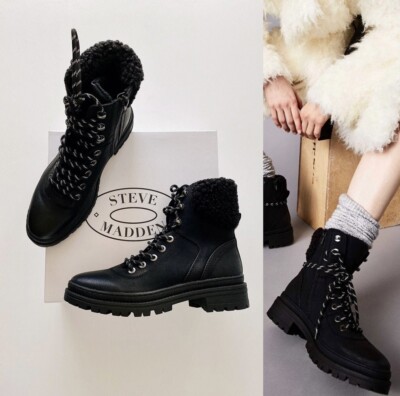  New STEVE MADDEN Keystone Faux Fur Faux Leather Lace Up Boots Black Size 10