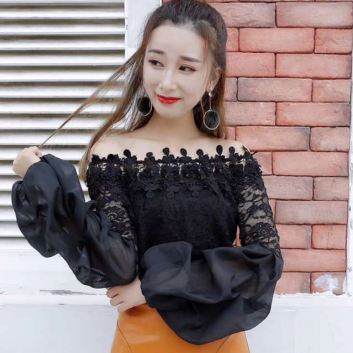 Women Floral Lace Mesh Shirt Top Puff Sleeve Blouse T-shirt Hollow Out Pullover - Picture 2 of 14