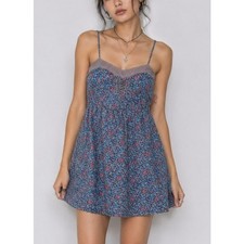 Y2K American Eagle Floral Camisole Dress Size 4 Blue Lace Fairy Grunge Coquette