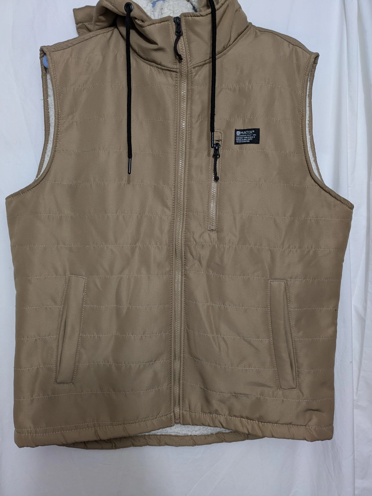 Matix Sherpa Lined Hooded Vest Men’s Large Tan Zip Up Skate Workwear Outdoors