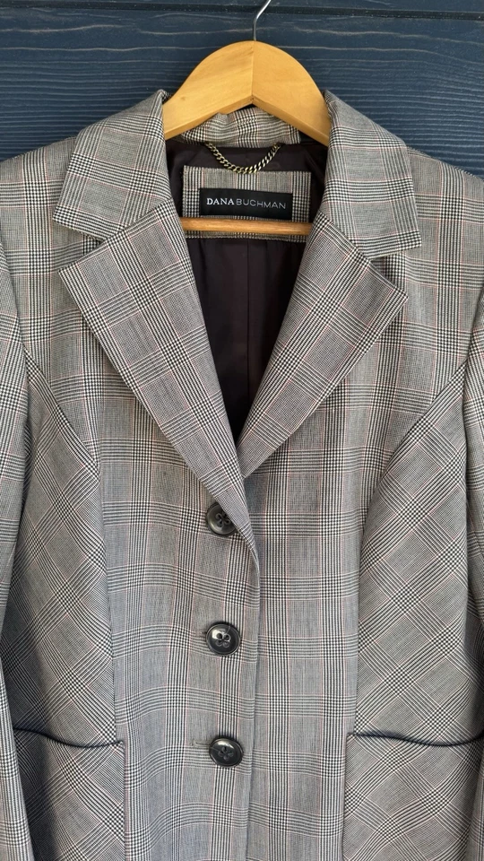 Blazer a cuadros Dana Buchman chaqueta de carrera oficina academia lujo talla 12 Foto 4 de 4