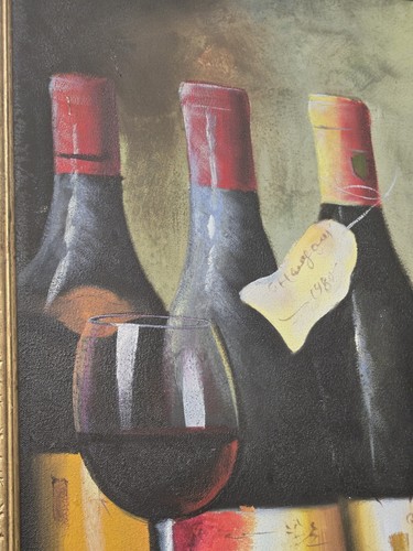 Vintage Still Life Painting - Bottles of Wine and Grapes - Framed Oil on Canvas - Picture 6 of 11