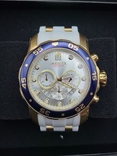 Invicta Mens Pro Diver SCUBA Chronograph 18K Gold Blue Dial White SS Strap Watch