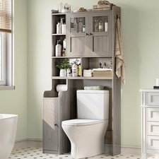 Over The Toilet Storage Cabinet, Farmhouse Bathroom Organizer with Glass Doors