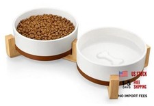 Ceramic Dog Bowls Set with Wood M-3.5 Cups Vanilla White（2 PCS with Stand）