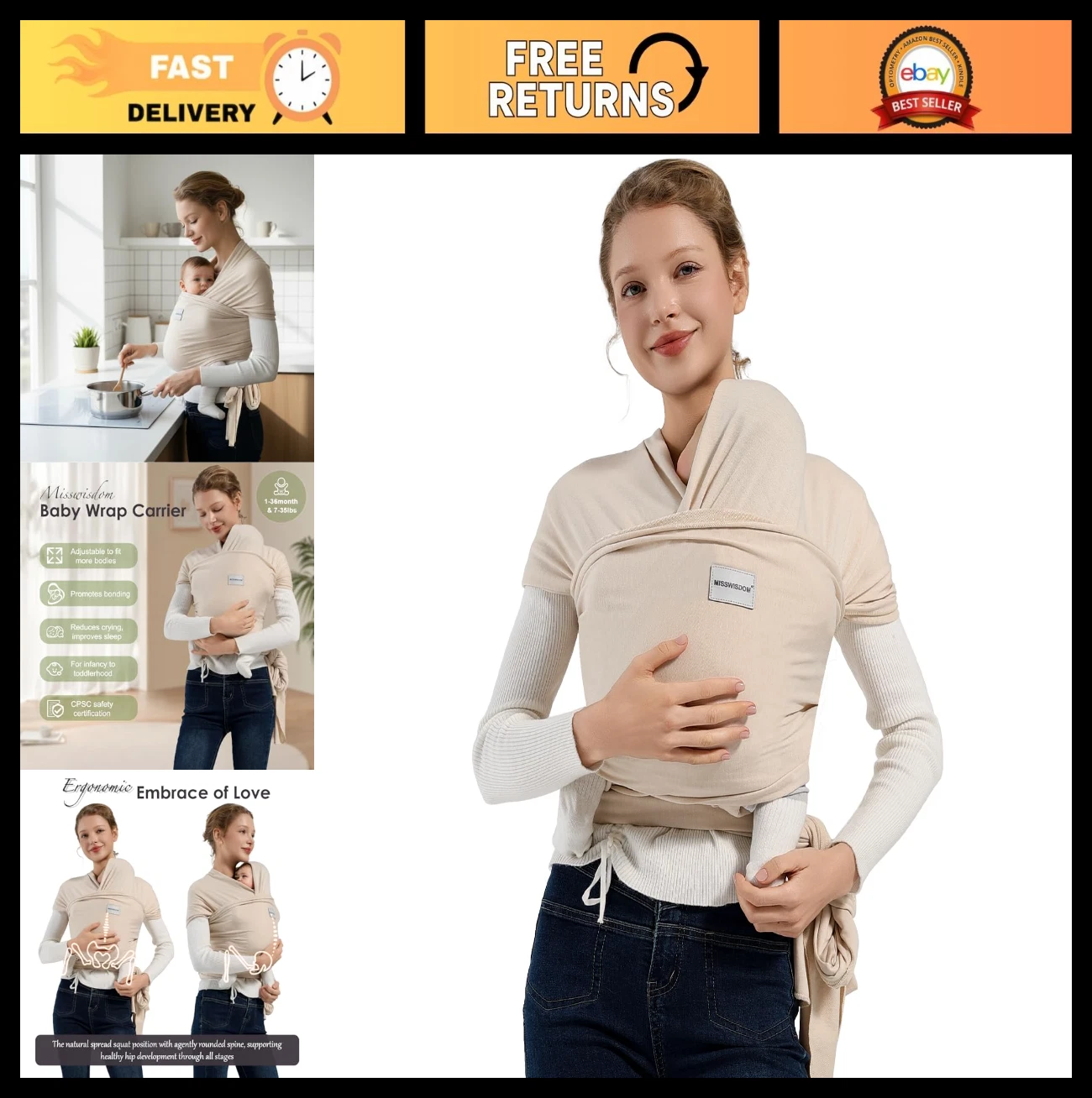 Adjustable Baby Wrap Carrier Sling for Newborns & Infants 7-35lbs - Beige