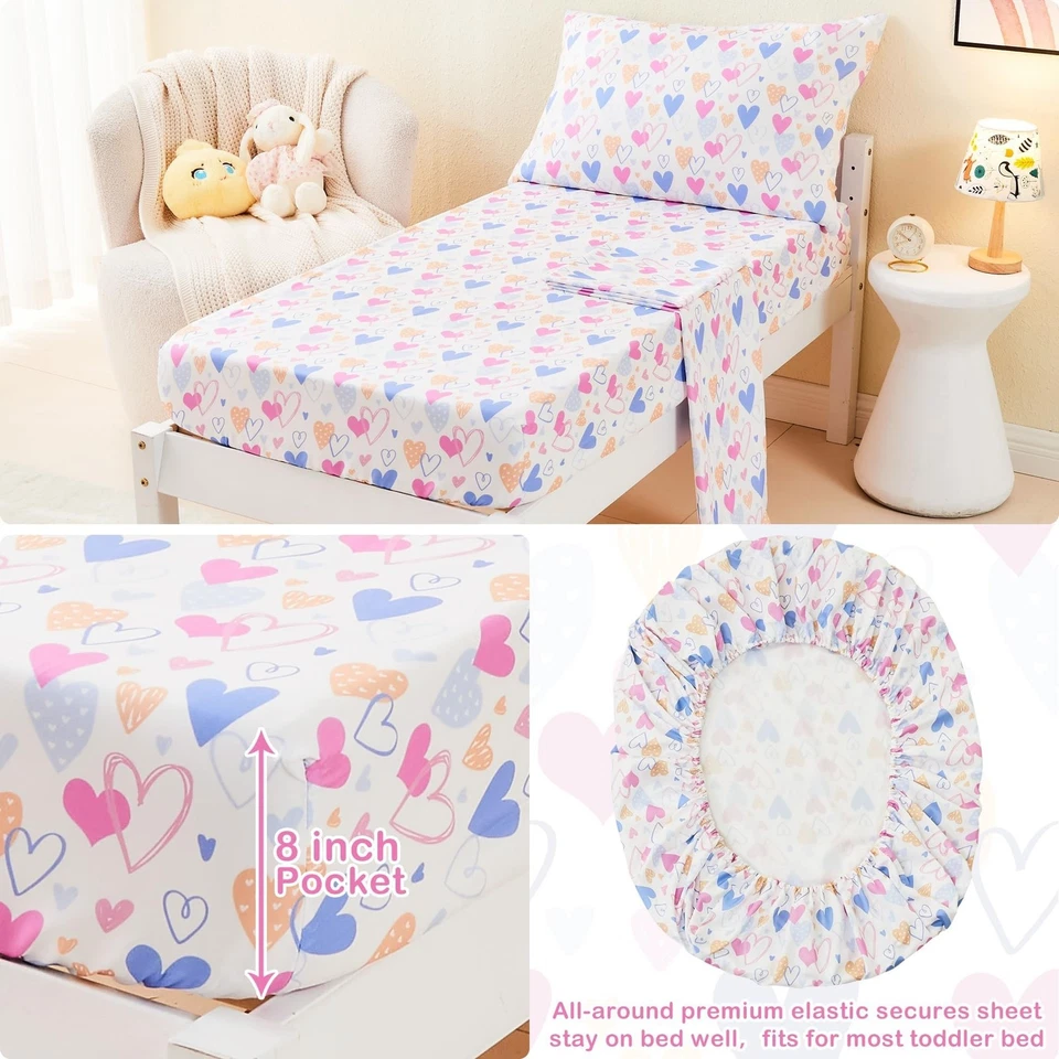 Mooreeke 4 Pieces Toddler Bedding Set - Soft Love Heart Toddler Comforter Set - Image 4 of 4