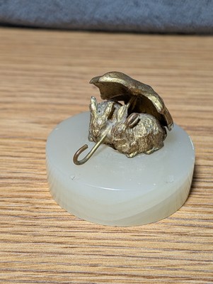Vienna Bronze Rabbits Holding Umbrella Paper Weight *Marble Base Has Some Chips*