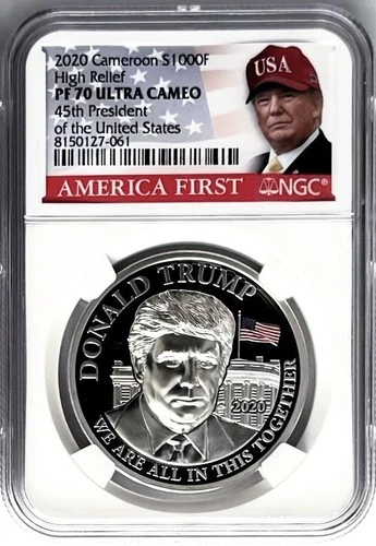 2020 CAMEROON S1000F PROOF SILVER PRESIDENT TRUMP HIGH RELIEF NGC PF70 FLAG
