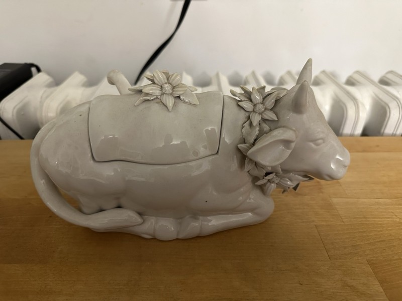 Antique Ceramic Cow Bull Tureen W/Spoon White Glazed w/Floral Garland Italy