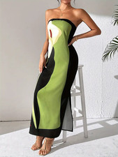 Elegant Print Slit Dress for Women Yellow Green S