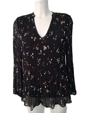 Phase Eight Women's UK 8 V-Neck Blouse Black Multicoloured Pleated Long Sleeve