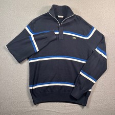 Lacoste 1/4 Zip Pullover Sweater Mens M 4 Navy Blue White Stripe Logo Preppy