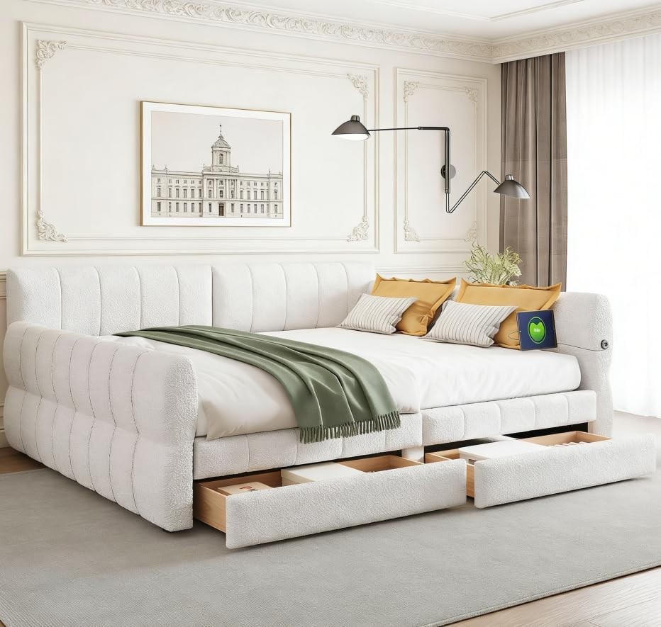 Queen Daybed with USB, Queen Size Corner Bed with Two Drawers