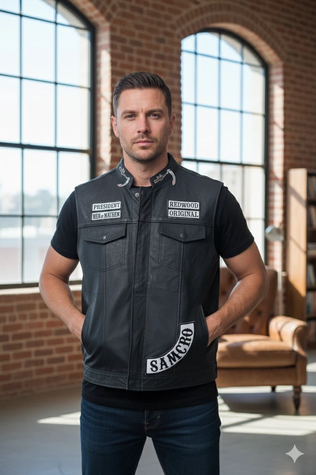 Sons of Anarchy SAMCRO Leather Vest Men’s Biker Club Waistcoat President Redwood - Image 2 of 4