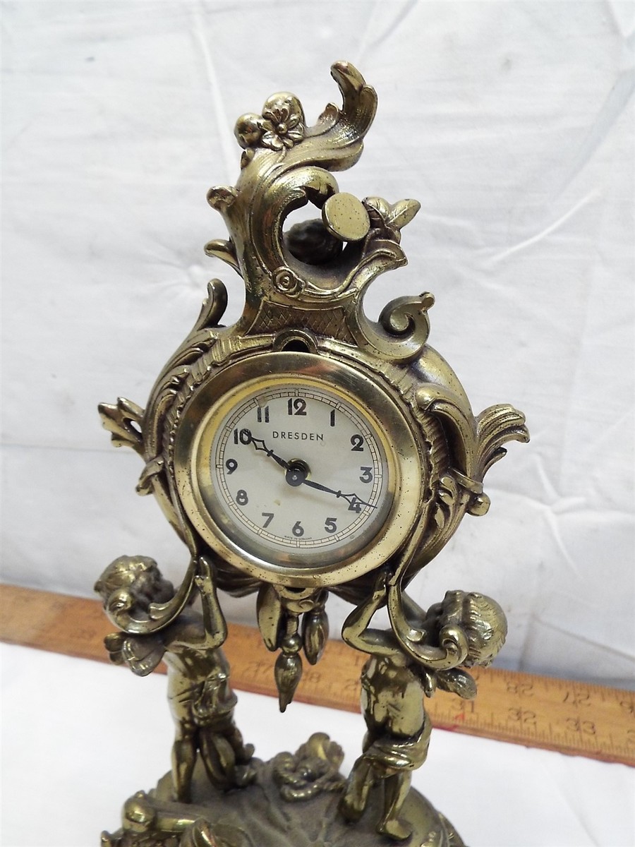 Antique Brass Tone Dresden Shelf Mantle Clock Ornate Cherub