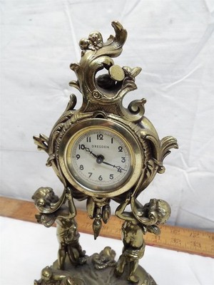 Antique Brass Tone Dresden Shelf Mantle Clock Ornate Cherub