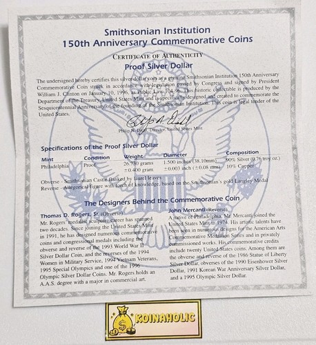 1996 P Proof Silver Smithsonian Institution Commemorative 90% Silver Dollar - Picture 10 of 16