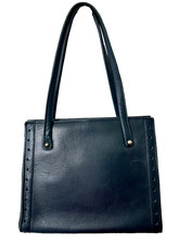 Vintage Navy Blue Leather Structured Gold Frame Clasp Purse Top Handles Bag Tote
