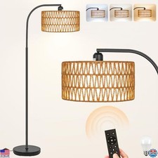 Boho Rattan Arc Floor Lamp with Linen Shades, 9W Bulb  Foot Switch for Living