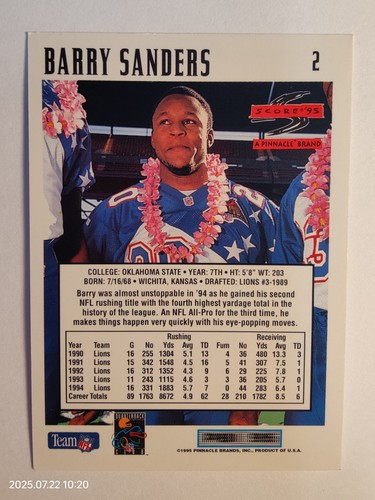 1995 Score Barry Sanders Lions card #2 - Picture 2 of 2
