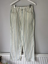 BRAX Wide Leg 100% Linen Trousers White Green Yellow Stripe Uk10 Dopamine