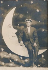 Antique RPPC Real Photo Postcard ID'd Man George Young Paper Moon Face Stars Hat